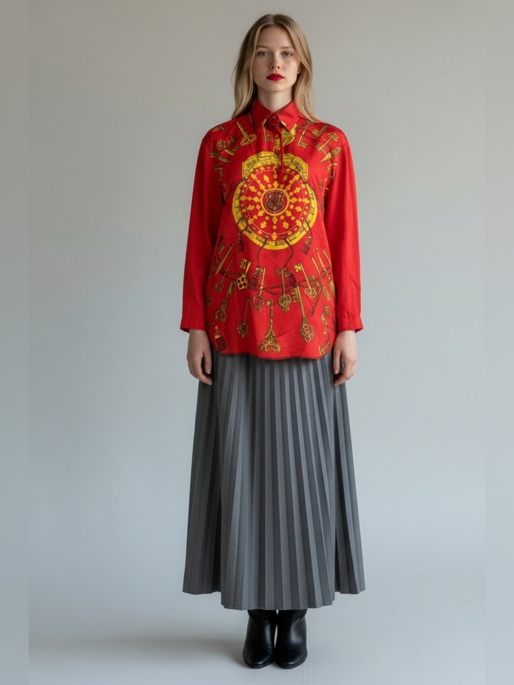 Hermes les cles Red and Gold Printed Silk Blouse